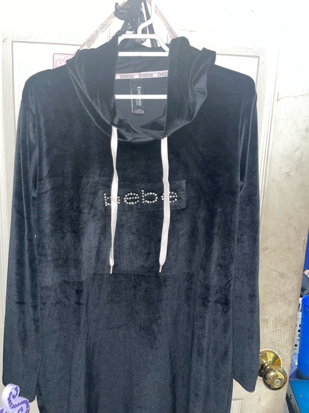 Bebe Black Velour Rhinestone Logo Hoodie Dress / Sleepwear Gown - Size Large